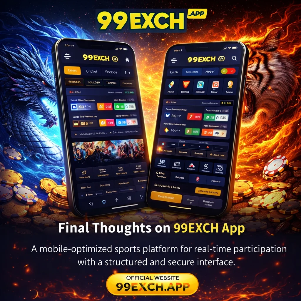 99EXCH live sports dashboard promotional image showing mobile app interface with cricket, football and trophy theme