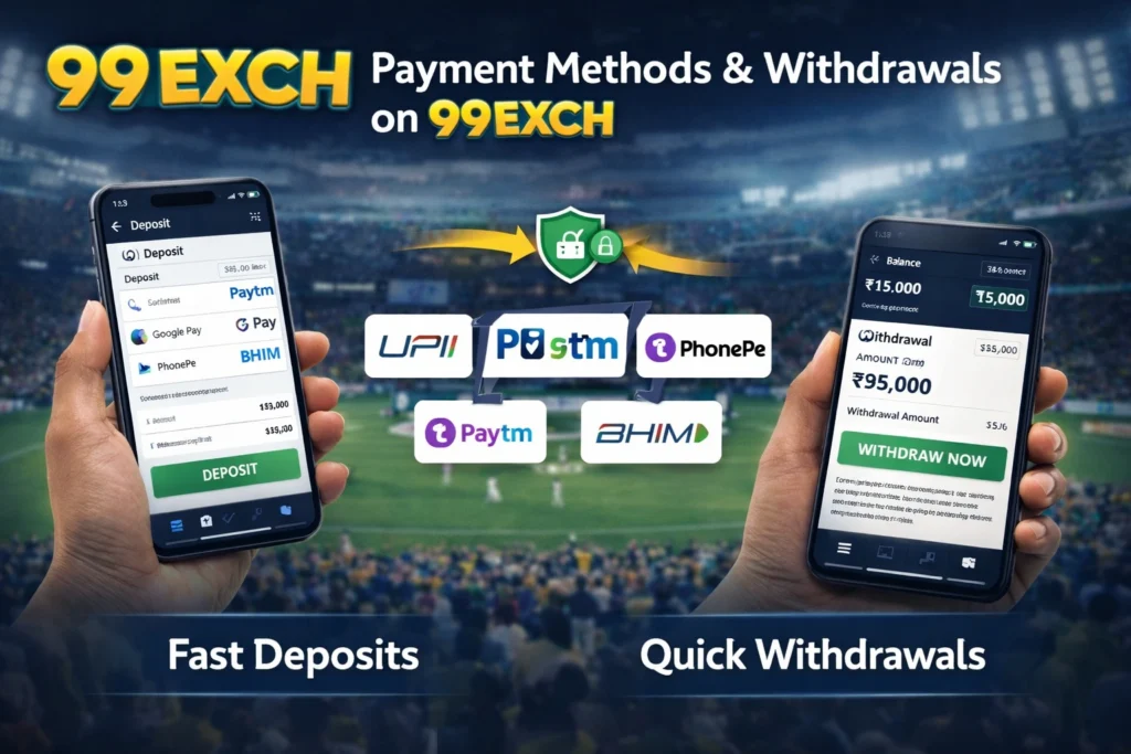 99Exch payment methods and withdrawals showing UPI, Paytm, PhonePe, and secure transactions