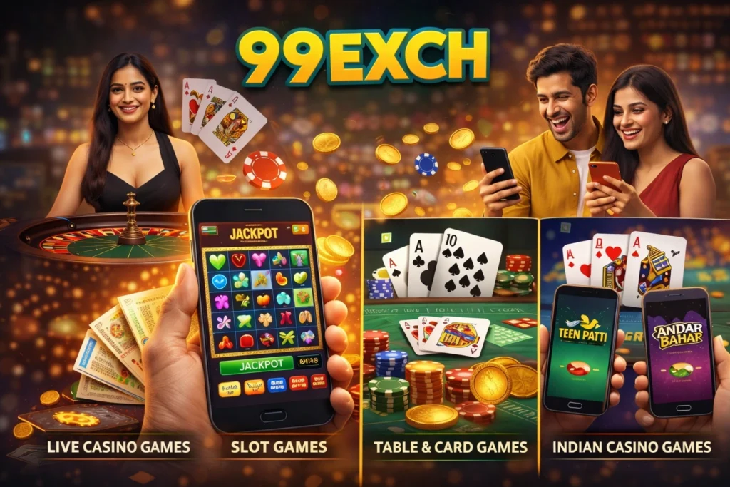Types of online casino games on 99Exch including live casino, slot games, table games, and Indian casino games