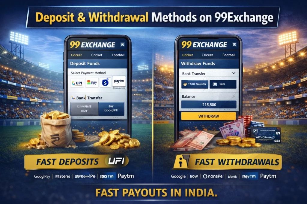 99Exchange deposit and withdrawal methods showing UPI and bank transfer options in India