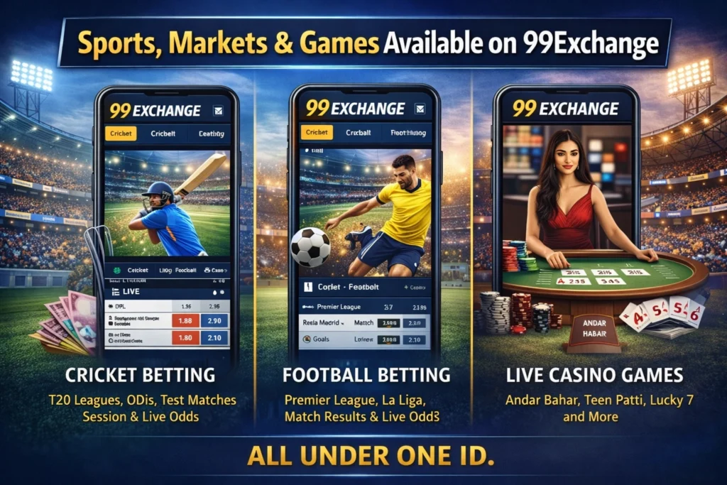 99Exchange sports betting markets showing cricket, football and live casino games in India