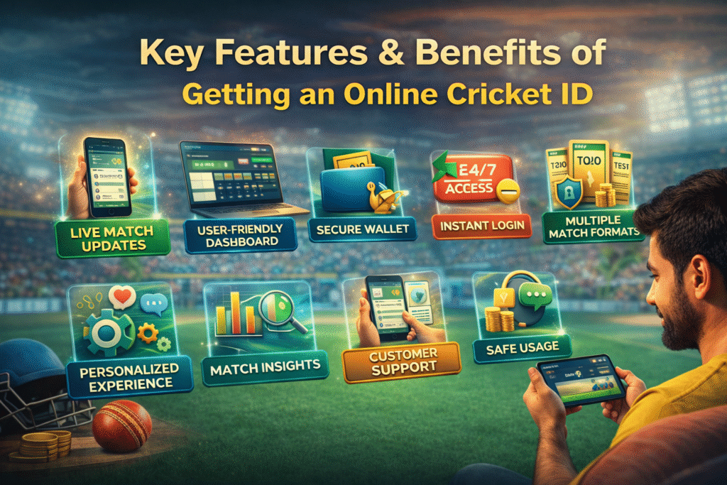 Key features and benefits of online cricket ID including live match updates, secure wallet, instant login, and customer support