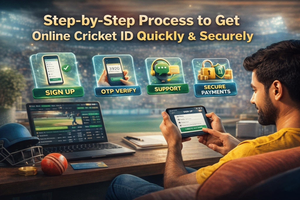 Step-by-step online cricket ID registration process showing signup, OTP verification, support, and secure payment options on mobile