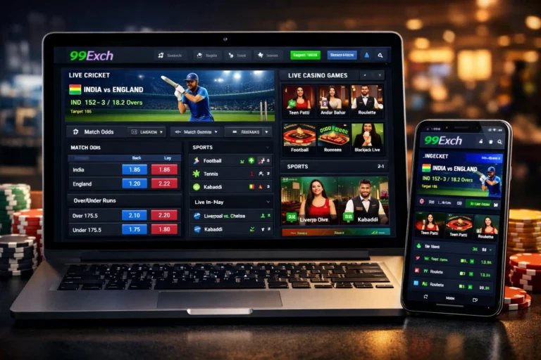 Betting games on 99Exch showing live cricket betting, sports betting markets, and live casino games on mobile and desktop devices in India.