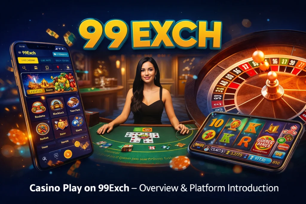 Casino Play on 99Exch featuring live dealer blackjack, roulette wheel, slot games, and mobile casino interface