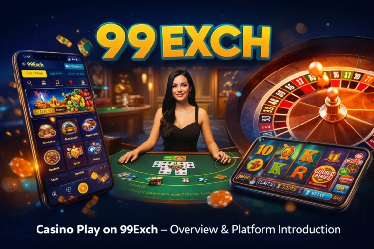 Casino Play on 99Exch featuring live dealer blackjack, roulette wheel, slot games, and mobile casino interface