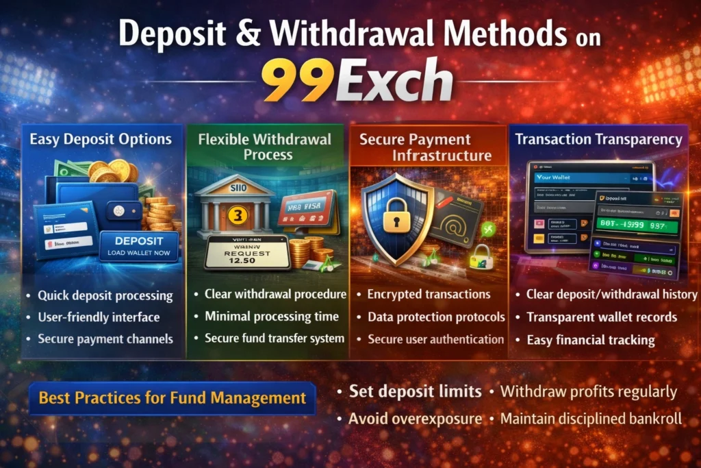 Deposit and withdrawal methods on 99Exch showing secure payments, fast deposits, and transparent wallet transactions
