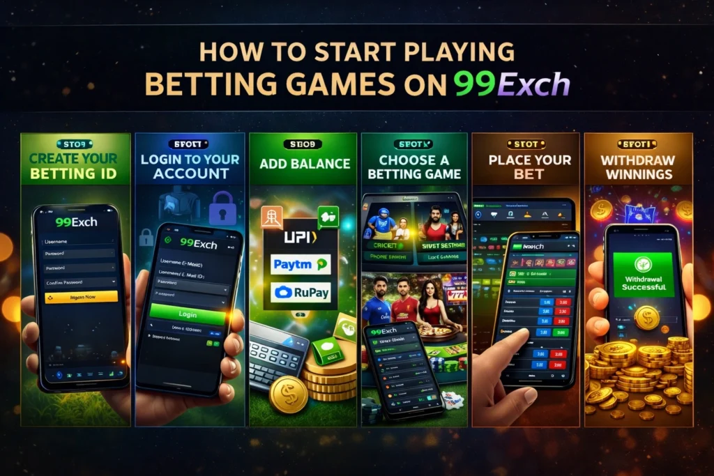 Step by step guide showing how to start playing betting games on 99Exch, including account creation, login, deposit, game selection, and placing bets.