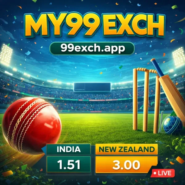 MY99EXCH cricket theme promotional image showing live match odds, stadium background and 99exch.app branding
