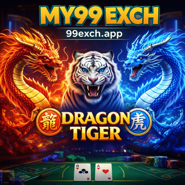 My99Exch Dragon Tiger casino game banner showing red and blue dragons with white tiger on 99exch.app platform
