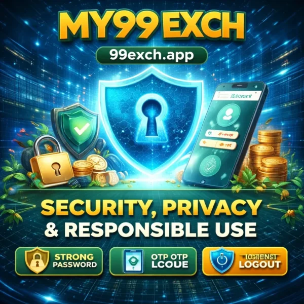 MY99EXCH security and privacy theme image showing shield protection, login interface and 99exch.app branding
