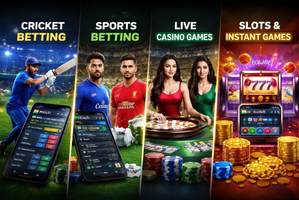 Types of betting games on 99Exch including cricket betting, sports betting, live casino games, and slot and instant win games on one platform.