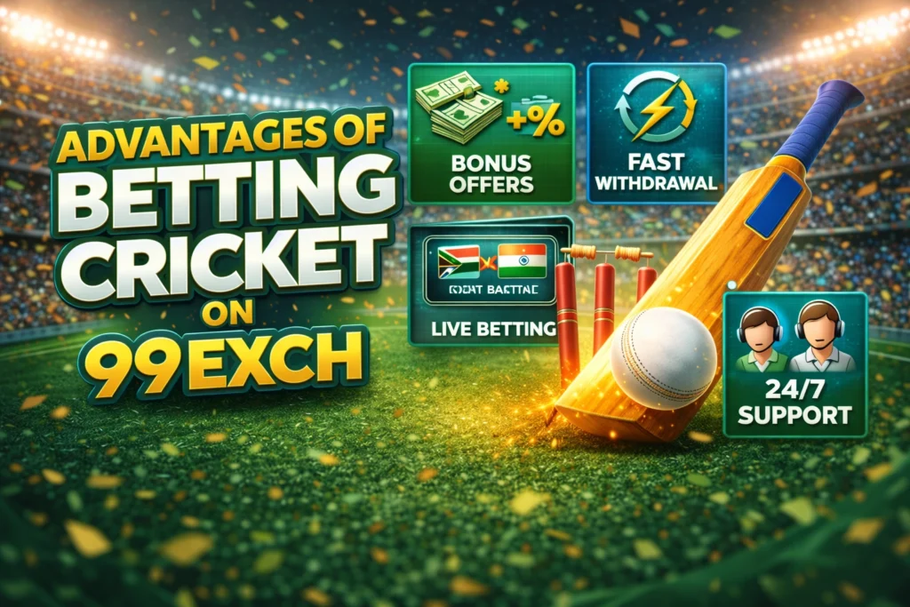 Advantages of betting cricket on 99Exch showing bonus offers fast withdrawal live betting and 24/7 support with cricket bat ball and 99Exch logo