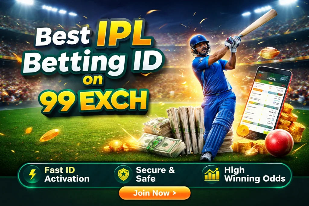 Best IPL Betting ID on 99Exch banner with cricket player, stadium background, and high odds betting promotion