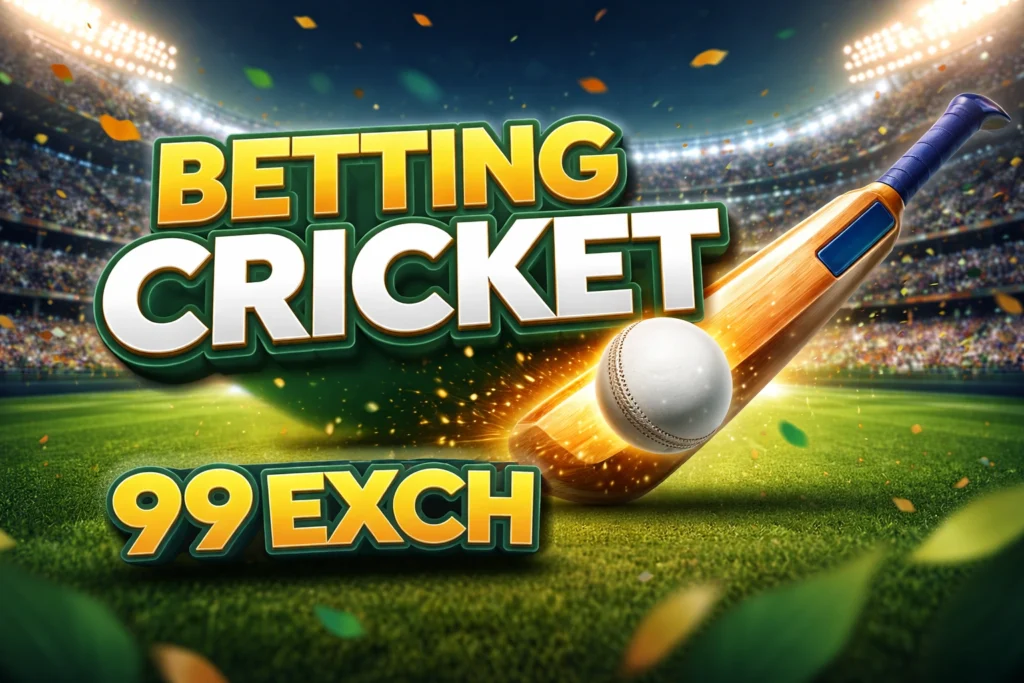 Betting Cricket on 99Exch platform showing cricket bat, ball, stadium background and 99Exch logo for online cricket betting guide