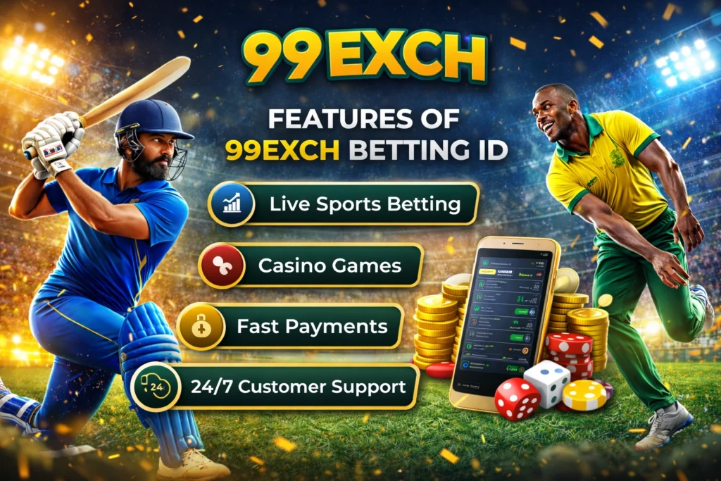 Features of 99Exch betting ID including live sports betting casino games fast payments and 24/7 support