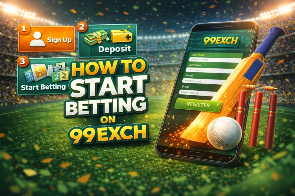 How to start betting cricket on 99Exch showing sign up deposit and start betting steps with cricket bat ball and 99Exch logo