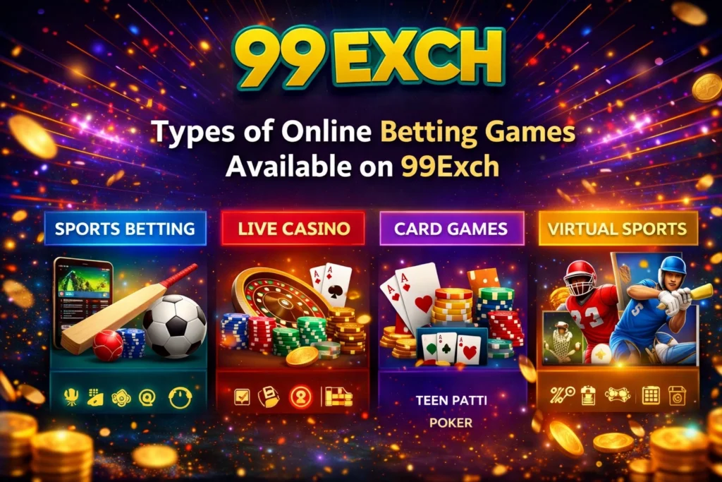 Types of online betting games on 99Exch including sports betting, live casino, poker, teen patti and virtual games