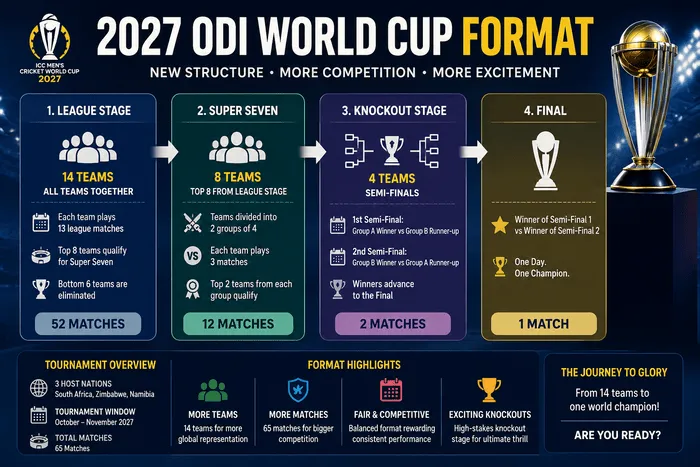 2027 ODI World Cup format explained infographic showing the league stage, Super Seven, knockout stage and final.