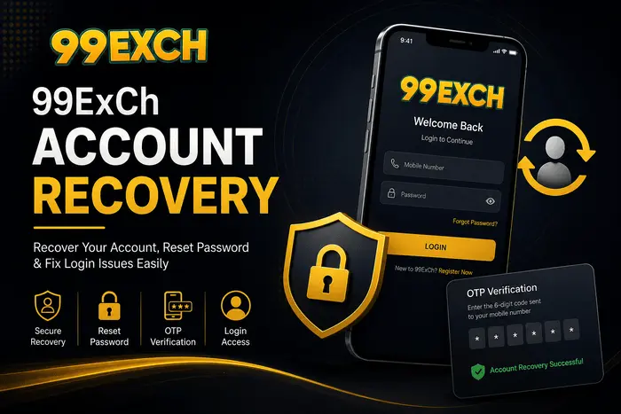 99ExCh Account Recovery Guide showing password reset, OTP verification, login recovery, and secure account access on a mobile device.