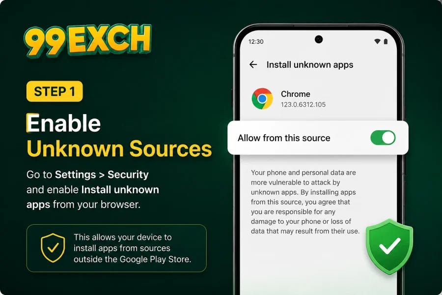 Enable Unknown Sources before installing the 99ExCh APK