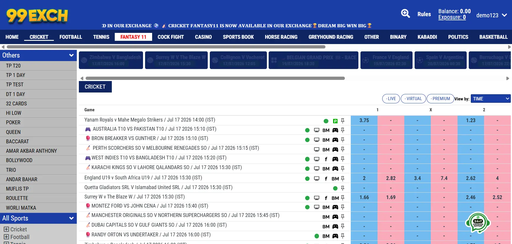99ExCh Cricket Betting Interface