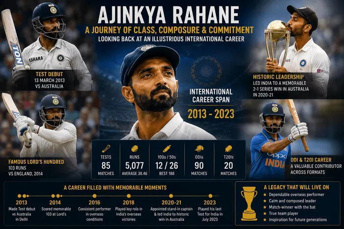 Ajinkya Rahane international career timeline from Test debut to retirement.