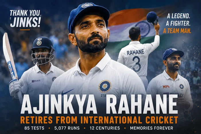 Ajinkya Rahane retires from international cricket after an illustrious India career highlighted by his leadership during the historic 2020–21 Border-Gavaskar Trophy victory in Australia.