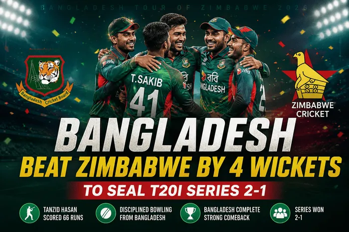 Bangladesh players celebrate after defeating Zimbabwe by 4 wickets in the 3rd T20I to win the three-match T20I series 2-1 at Queens Sports Club, Bulawayo in 2026.