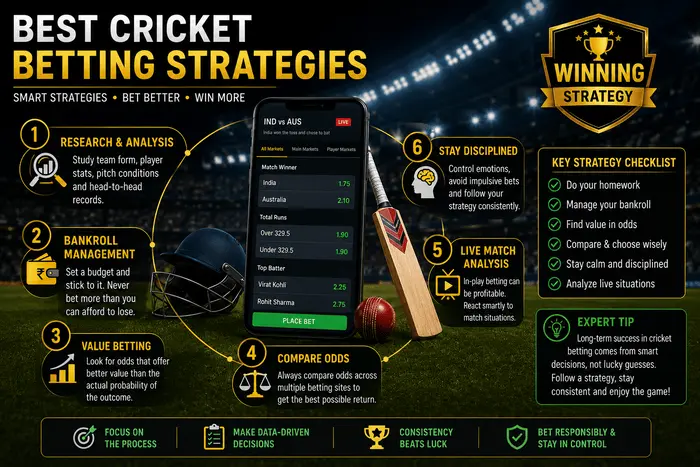 Infographic showing the best cricket betting strategies including research, bankroll management, value betting, odds comparison, live match analysis, and disciplined betting.