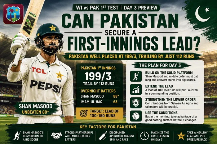Can Pakistan secure a first-innings lead on Day 3 against West Indies as Shan Masood leads the batting in the 1st Test at Brian Lara Cricket Academy