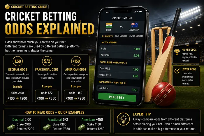 Infographic explaining cricket betting odds including decimal, fractional, and American odds with betting examples.