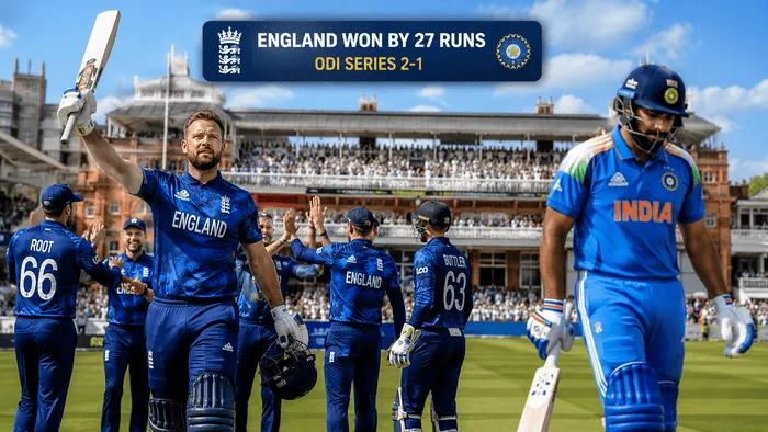 England celebrate after defeating India by 27 runs to win the ODI series 2-1 against India at Lord's Cricket Ground as Ben Duckett scores a record-breaking century.