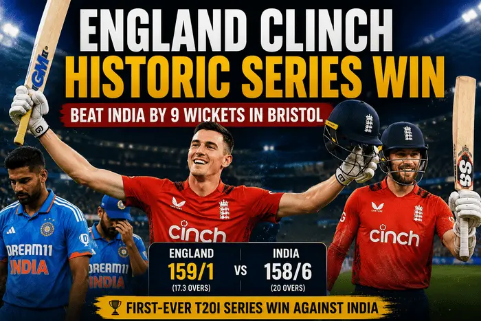 England players celebrate after defeating India by 9 wickets in the fourth T20I at Bristol to secure a historic T20I series victory.