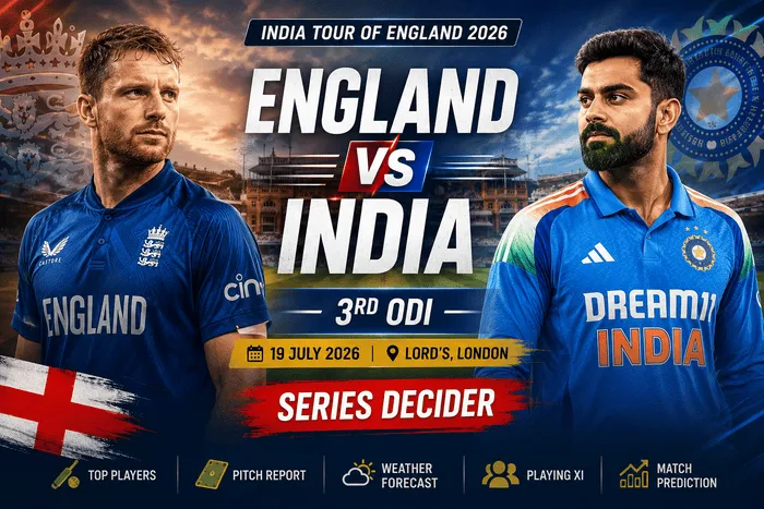 England vs India 3rd ODI Match Prediction 2026 at Lord's featuring England and India players ahead of the series decider.