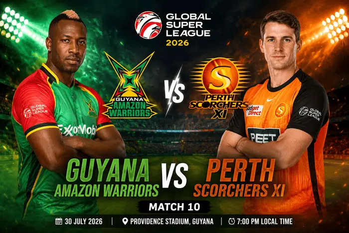 Guyana Amazon Warriors vs Perth Scorchers Match Prediction for Global Super League 2026 Match 10 featuring both teams ahead of the clash at Providence Stadium, Guyana.