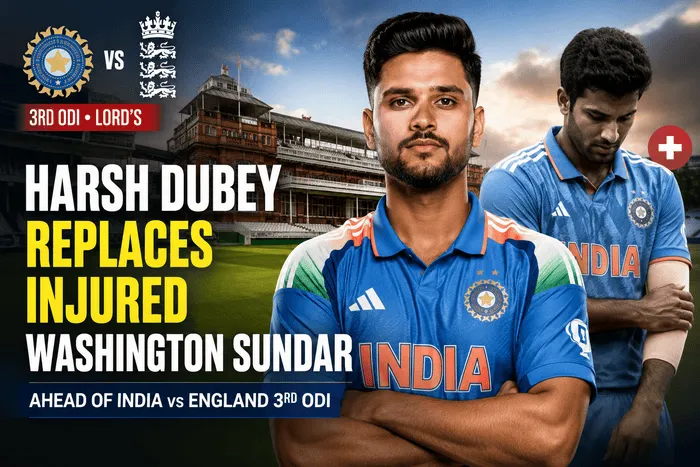 Harsh Dubey replaces injured Washington Sundar in India's squad ahead of the 3rd ODI against England at Lord's in 2026.