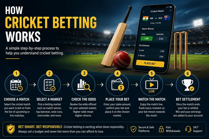 Step-by-step illustration showing how cricket betting works, including choosing a match, selecting a betting market, checking odds, placing a bet, watching the match, and bet settlement.