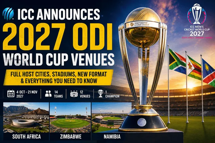 ICC Announces 2027 ODI World Cup Venues across South Africa, Zimbabwe and Namibia featuring the official World Cup trophy and host nation flags.