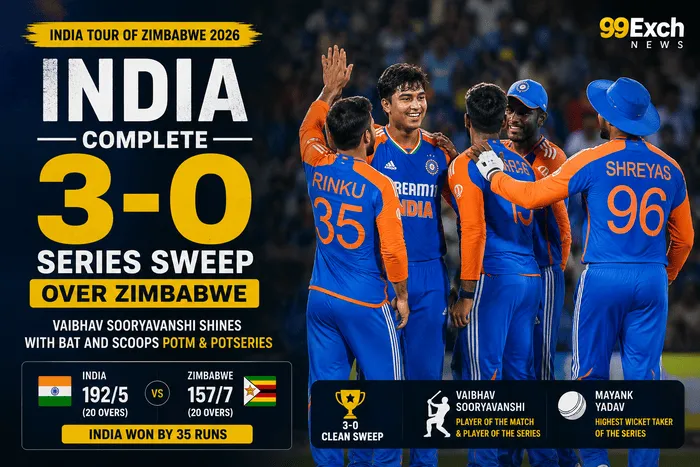 India celebrate a 3-0 T20I series sweep over Zimbabwe after a 35-run victory in Harare as Vaibhav Sooryavanshi shines with the bat in the 2026 series finale.