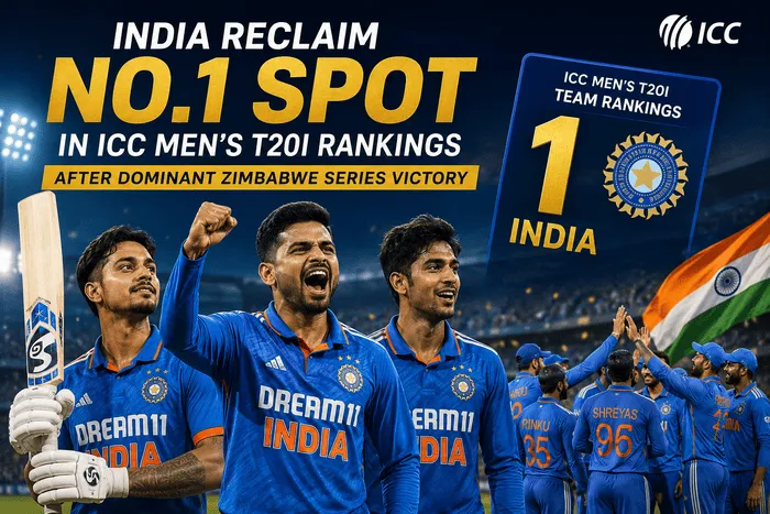 India players celebrate after reclaiming the No. 1 position in the ICC Men's T20I Team Rankings following the Zimbabwe T20I series victory in 2026.