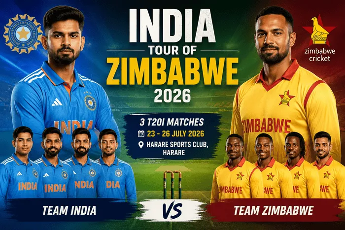 India Tour of Zimbabwe 2026 hero banner featuring Team India and Zimbabwe players ahead of the three-match T20I series in Harare.