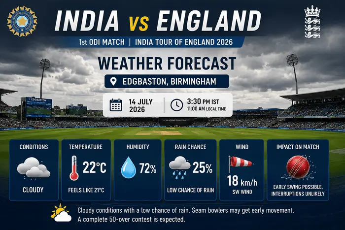 India vs England 1st ODI weather forecast at Edgbaston, Birmingham.