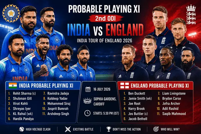 India vs England 2nd ODI probable playing XI featuring the predicted lineups for both teams ahead of the 2026 ODI at Sophia Gardens, Cardiff.