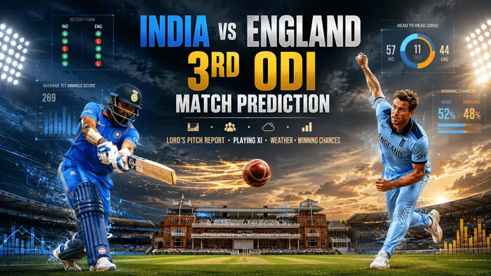 India vs England 3rd ODI Match Prediction at Lord's Cricket Ground featuring an Indian batsman, England fast bowler, pitch report, weather, playing XI and winning chances.