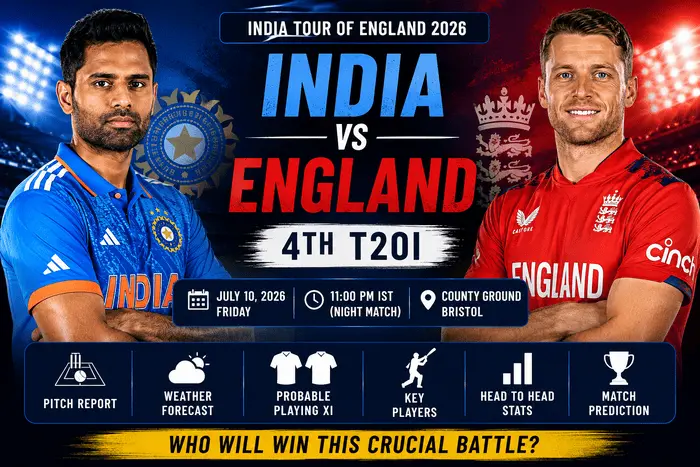 India vs England 4th T20I Match Prediction hero image featuring players from both teams ahead of the Bristol T20I in the England Tour of India 2026.