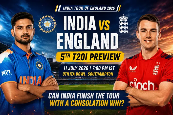 India vs England 5th T20I Preview featuring players from both teams ahead of the final T20I at Utilita Bowl, Southampton during the India Tour of England 2026.