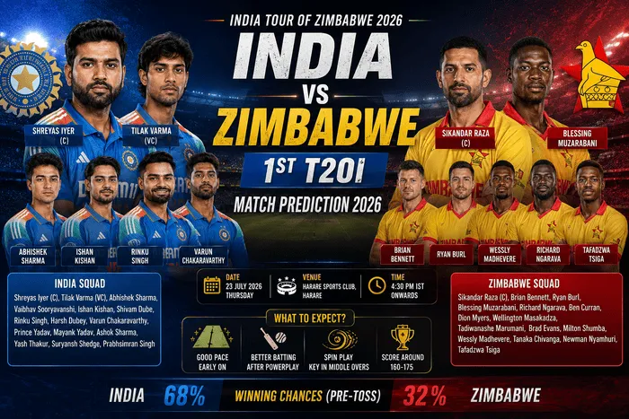 India vs Zimbabwe 1st T20I Match Prediction 2026 featuring Shreyas Iyer, Tilak Varma, Sikandar Raza and Blessing Muzarabani with probable playing XI, pitch report and winning chances before the Harare T20I.