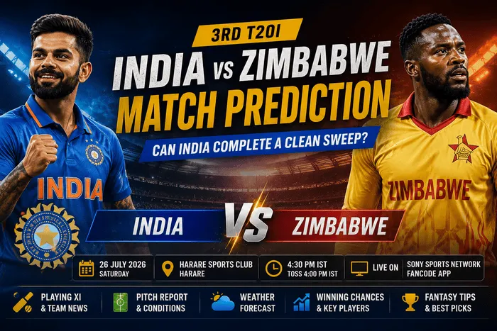 India vs Zimbabwe 3rd T20I Match Prediction: Playing XI, Pitch Report, Weather & Winning Chances (2026)