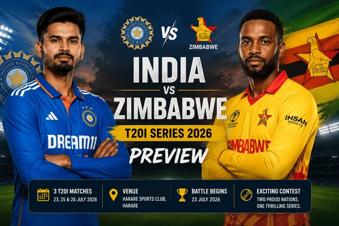 India vs Zimbabwe T20I Series Preview 2026 featuring the captains with the Harare Sports Club stadium background before the three-match T20I series.
